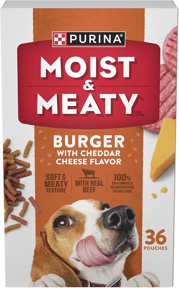 Purina Moist &amp; Meaty Soft Dog Food Pouches, 36 ct | Burger With Cheddar Cheese Flavor adult dog food, crafted with real beef, individual pouches, no-mess meal or tasty treat