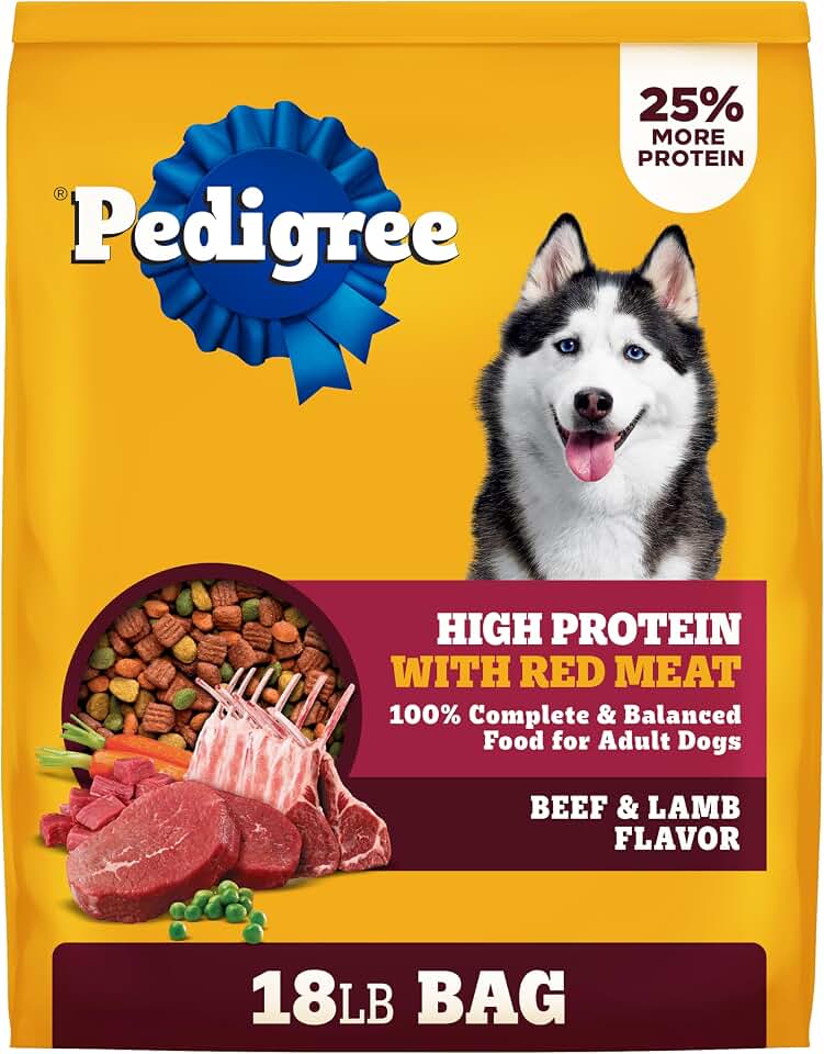 Pedigree High Protein Adult Dry Dog Food, Beef and Lamb, 18 lb | Real red meat, 25% more protein, 36 vitamins &amp; minerals, prebiotic fiber, Omega 6 &amp; Zinc, 100% complete and balanced