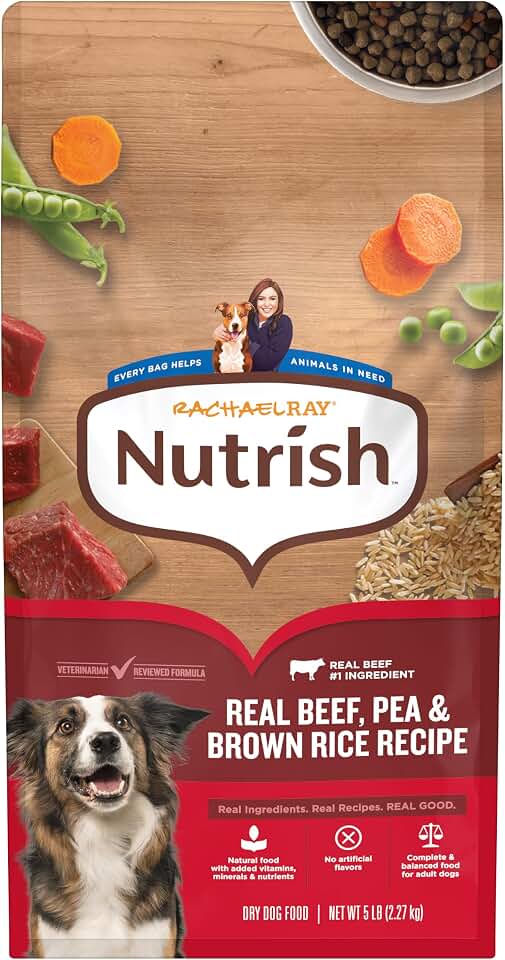 Nutrish Dry Dog Food, Beef, Pea &amp; Brown Rice, 5 lb. Bag (Rachael Ray) | Complete &amp; Balanced Nutrition for Adult Dogs, No Artificial Flavors, Veterinarian Approved Formula