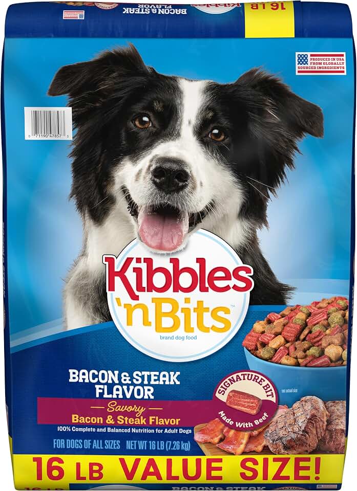 Kibbles 'n Bits Dry Dog Food, Savory Bacon & Steak Flavor for Adult Dogs 16 lb. Bag | Complete & Balanced Nutrition Formulated For Adult Dogs, Crunchy Kibbles Plus Chewy Meaty Bits