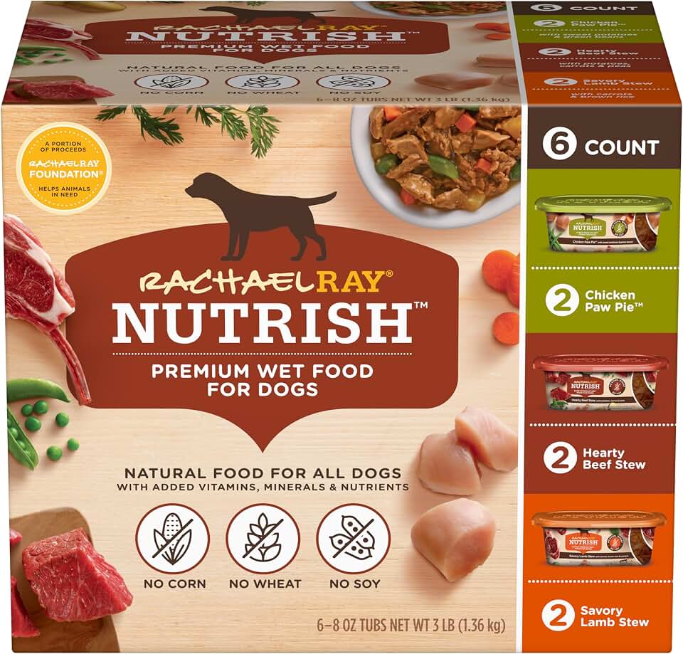 Nutrish Savory Favorites Wet Dog Food Variety Pack, 8 oz Tubs (Rachael Ray) | Pack of 6, Includes 3 Tasty Flavors of Chicken Paw Pie, Hearty Beef Stew &amp; Savory Lamb Stew, No Artificial Flavors