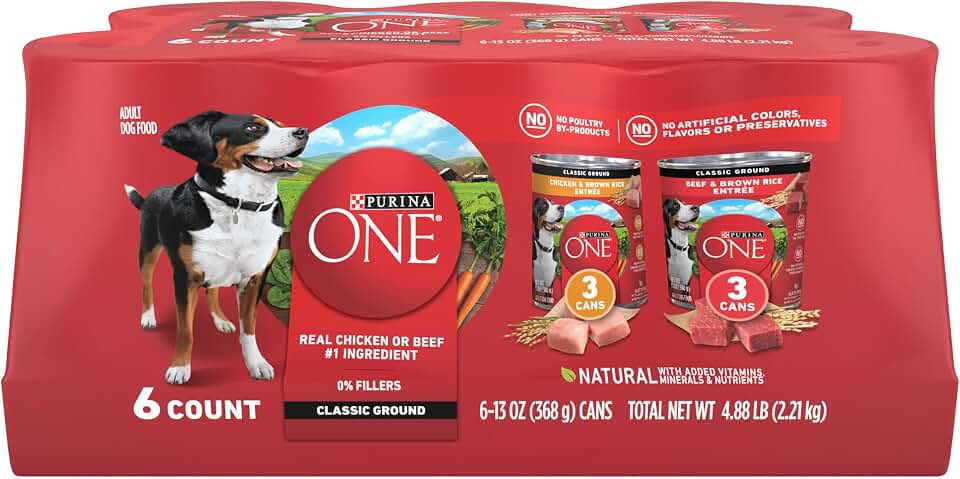 Purina ONE Wet Dog Food Variety Pack, Classic Ground, (6) 13 oz Cans | Two ground entrees, Chicken &amp; Brown Rice and Beef &amp; Brown Rice, featuring complete and balanced adult nutrition and no fillers