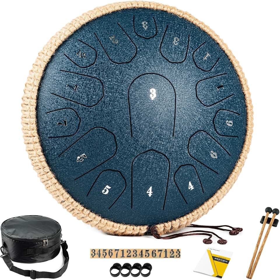 HOPWELL Steel Tongue Drum - 13 Inches 15 Notes Tongue Drum - Hand Pan Drum with Music Book, Handpan Drums Mallets and Storage Bag, D Major (Navy Blue)
