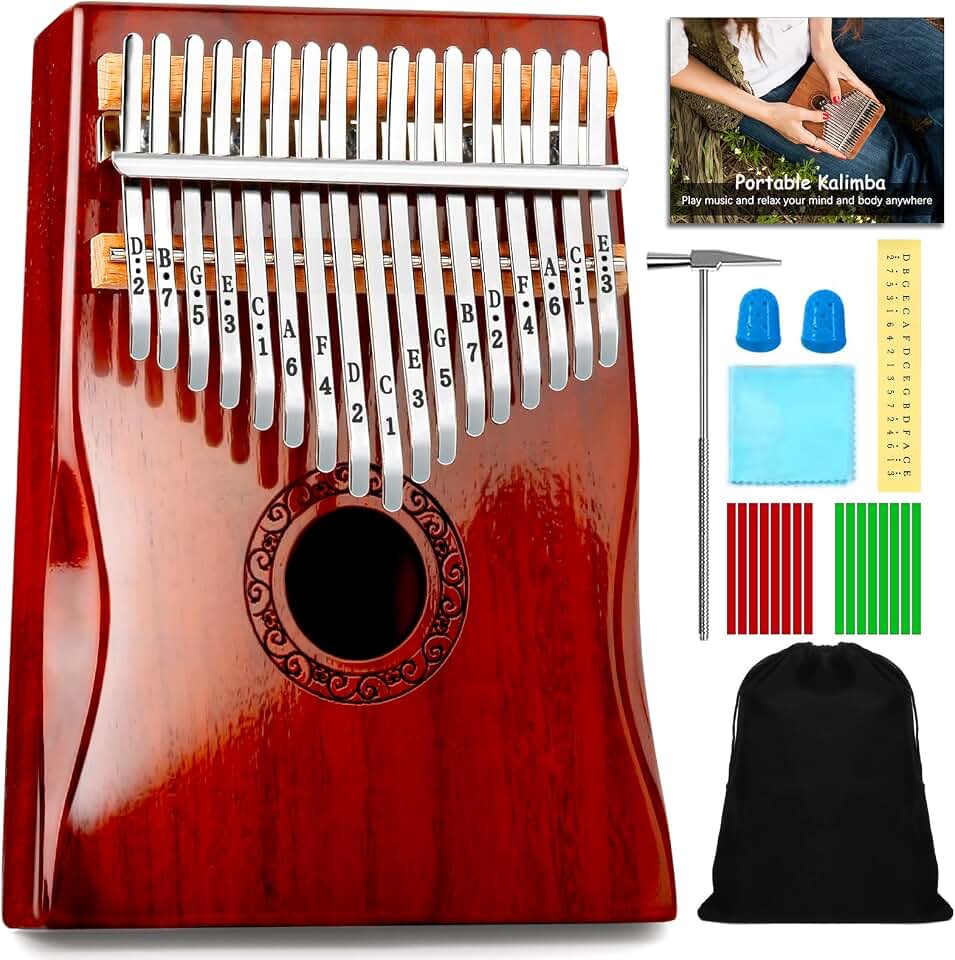 Kalimba Thumb Piano, YUNDIE Portable 17 Keys Mbira Finger Piano with Tune Hammer and Study Instruction, Musical Instrument Gift for Adult Beginners Professional (Brownish Red) (17 Keys)