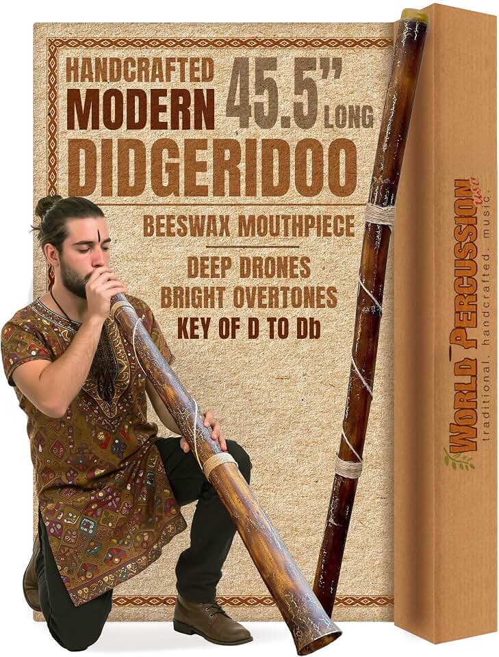World Percussion USA Modern Didgeridoo Instrument – Hand-fired with Beeswax Mouthpiece, Sturdy and Lightweight, Ideal for Beginners – Key of D