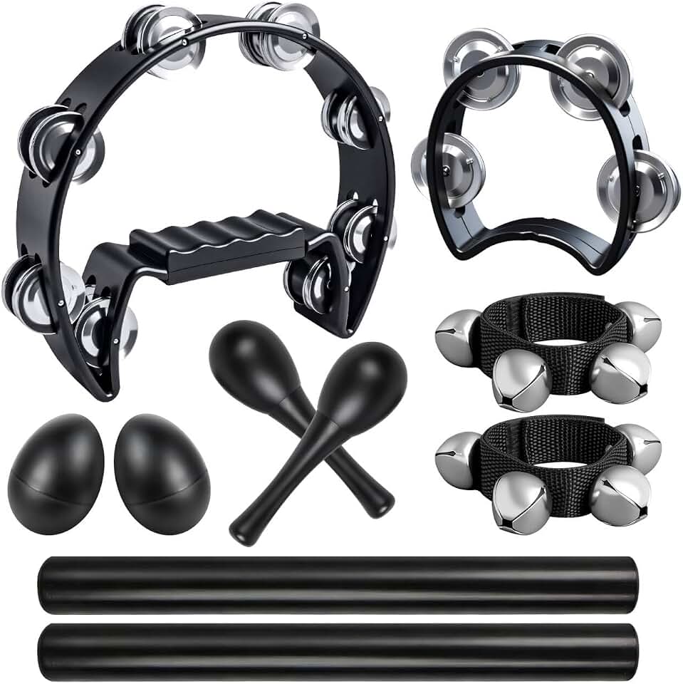 10Pcs Black Tamborines Musical Instrument Adults, Kids Music Percussion Set | Half Moon Tambourine, Wooden Rhythm Sticks, Bells Tambourine, Wrist Bells, Egg Shakers, a Pair Maracas