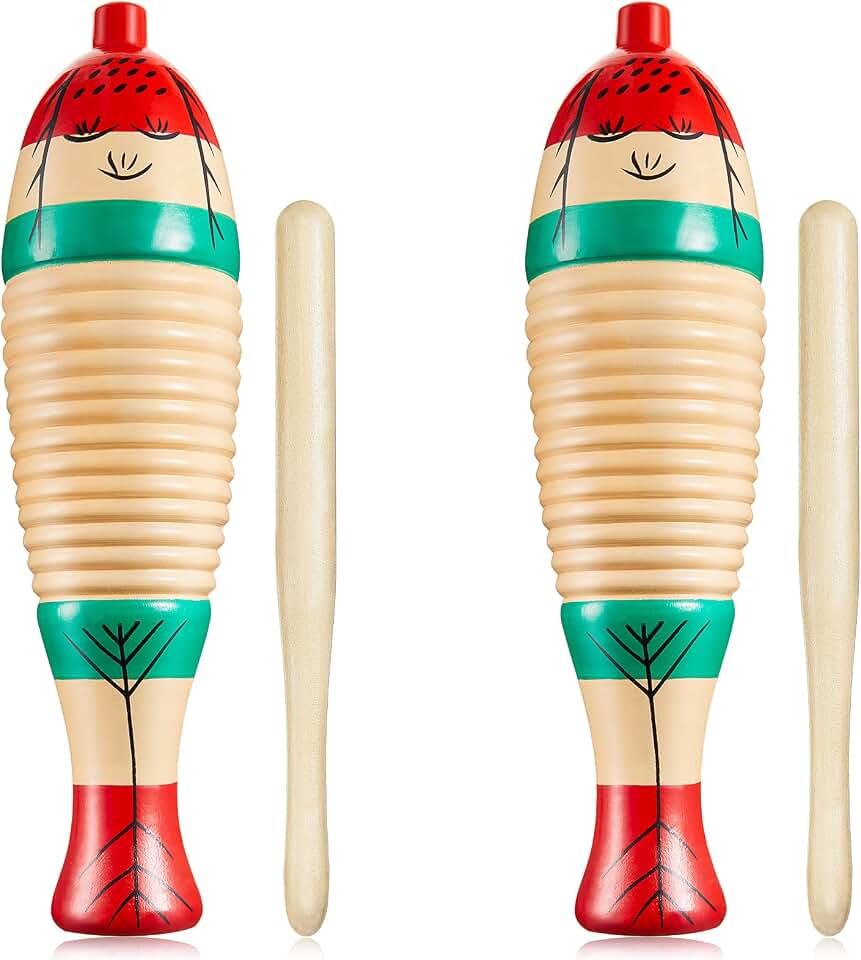 2 Pcs Fish Guiro Instrument Latin Musical Wood Frog | Colorful Fish Shape, Wood Guiro Kit, Latin Rhythm Sticks Included, Musical Toy for Adults