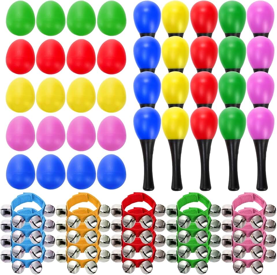 Cididu 60 Pcs Shaker Musical Instruments, 20 Pcs Kids Egg Shaker with 20 Wrist Hand Band Bells and 20 Sand Hammer Shakers, Kids Music Early Learning Percussion Toy Easter, Perfect Gift for Music Lovers