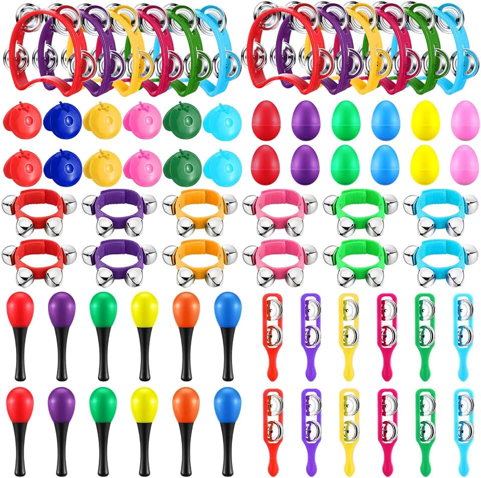 Silipull 72 Pcs Shaker Musical Instrument Set for Kids Toddler Early Music | Musical Tools Bulk Shaker Wrist Hand Band Bells Maracas Percussion Tambourine Cymbals Plastic Castanets for Daycare Preschool