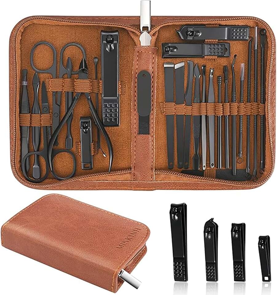 MINKINH Professional Manicure Set Nail Clipper Kit-26 Pieces,Brown | Stainless Steel Manicure Kit,Nail Care Tools with Travel Case for Men &amp; Women,Hand &amp; Foot Care,Gift for Family &amp; Friends