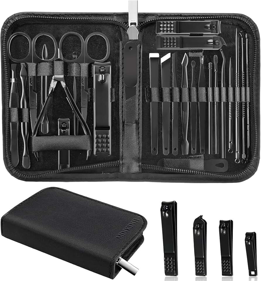 MINKINH Manicure Set Professional Nail Clipper Kit-26 Pieces for Men, Black | Stainless Steel Manicure Kit,Nail Care Tools with Luxurious Travel Case Nail Grooming Kit Gift for Husband Boyfriend Parents