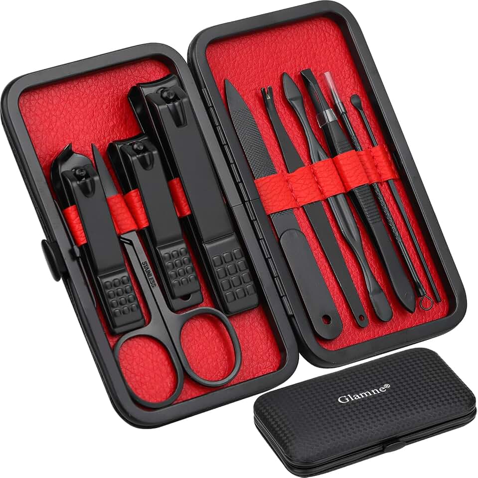 Glamne Manicure Set Nail Clippers Kit Professional Stainless Steel Nail Care Tools with Leather Travel Case 10 in 1 Noir