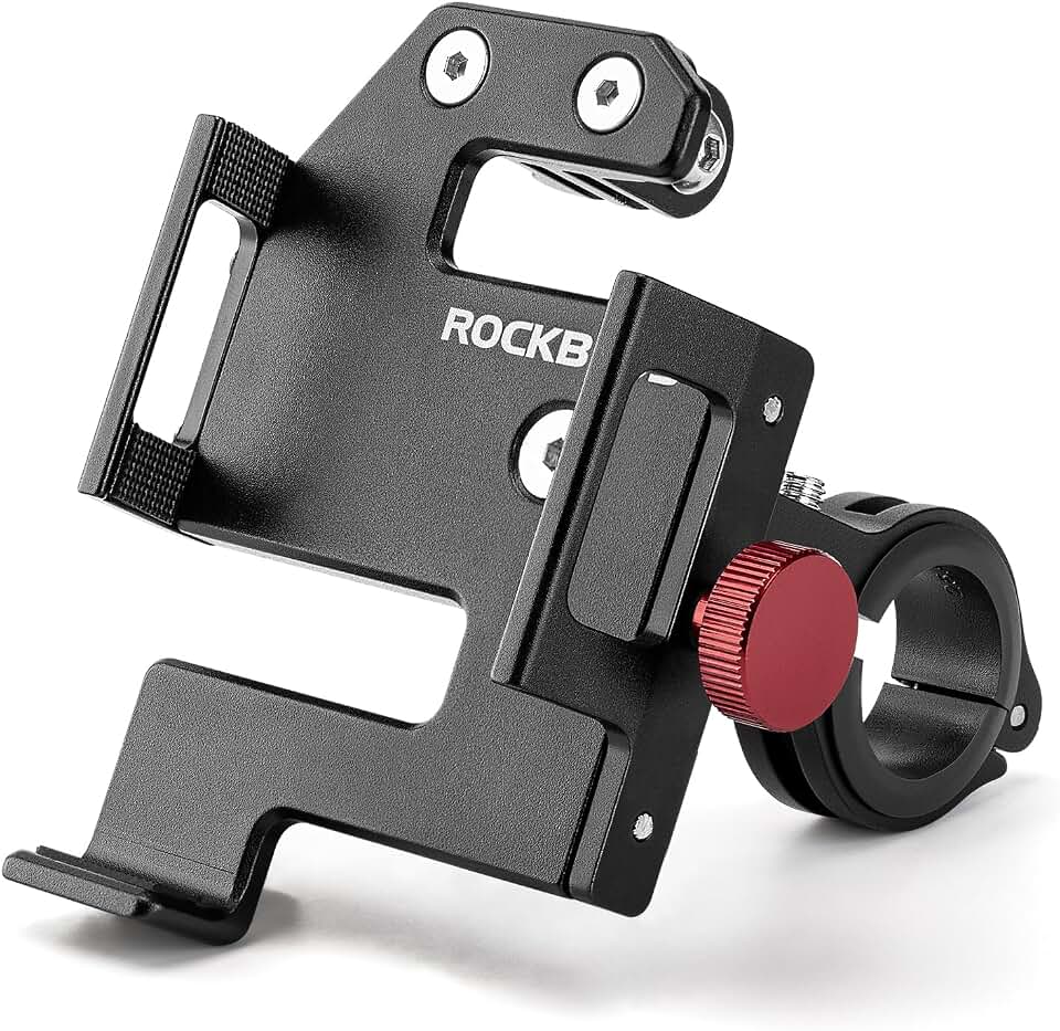 ROCKBROS Bike Phone Mount, Aluminum Handlebar Clamp for 4.7-7.1 in Phones | Aluminum mount fits 22.2, 25.4 and 31.8mm bars; anti-slip corner pads protect phones, with open ports and screw adjustment.
