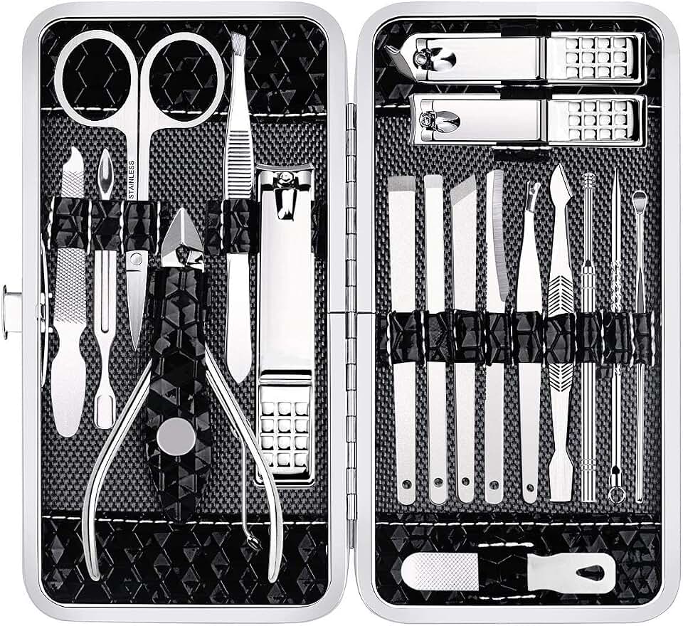 Yougai Manicure Set 18Pcs Stainless Steel Nail Clippers Set with Case Black | Professional Manicure Kit, Fingernail Toenail Cutters for Men &amp; Women, Pedicure Kit Foot Care, Gift for Family and Friends