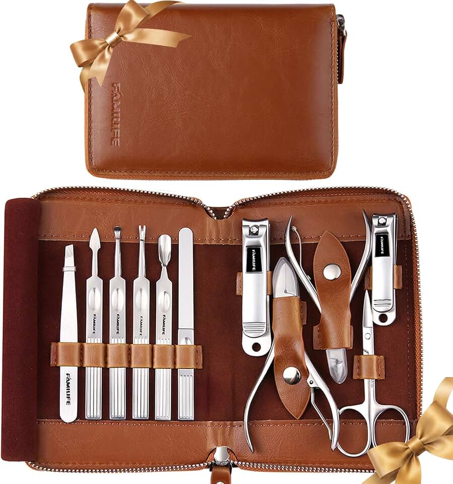 FAMILIFE Stainless Steel Manicure Set 11-in-1 Professional Nail Clipper Kit | Portable Leather Travel Case, Pedicure &amp; Grooming Tools for Fingernails &amp; Toenails, Premium Gifts Set for Men &amp; Women, Brown