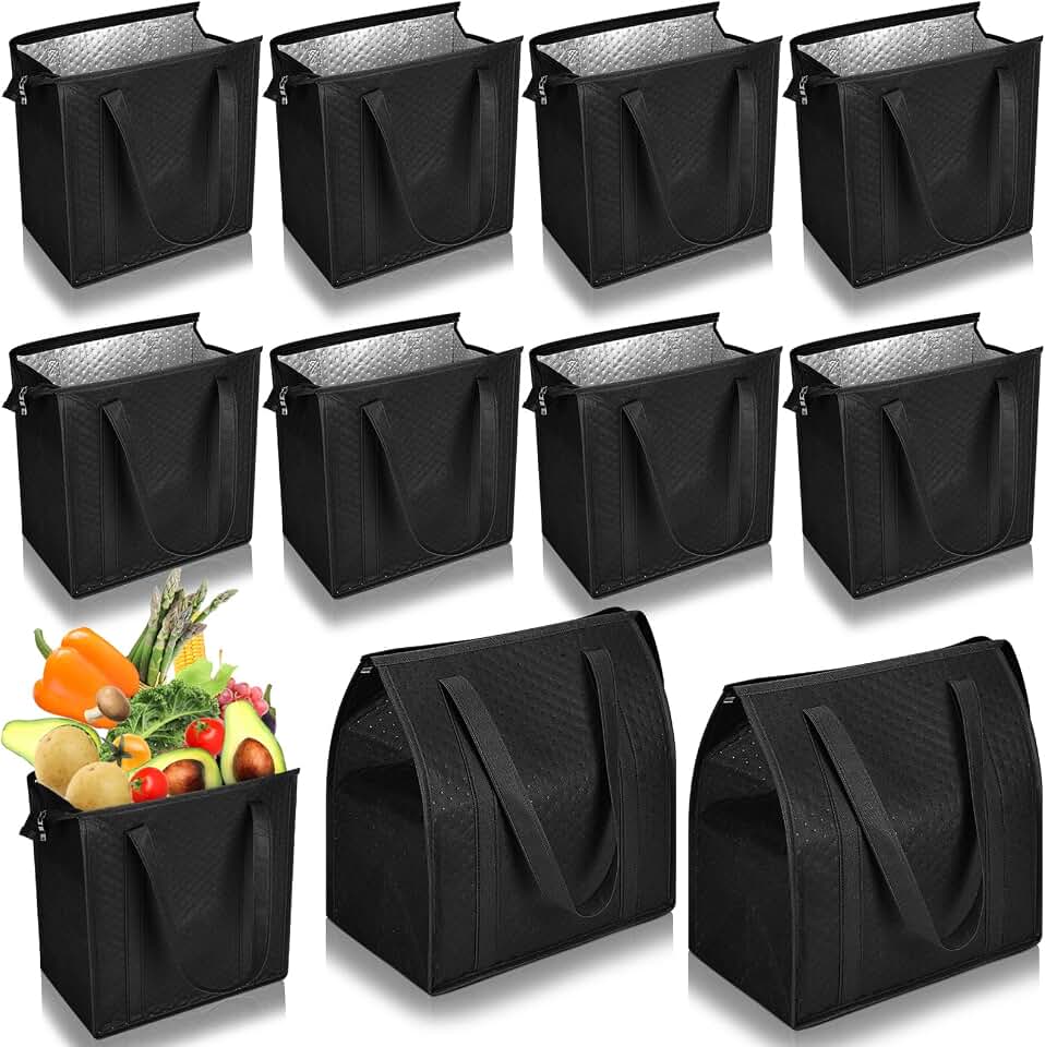 10 Pack Large 18L Insulated Grocery Bag Bulk Zippered, Black | 13''x12''x7'', Reusable Thermal Cooler Tote with Handles for Hot Cold Food Delivery, Grocery Shopping, Refrigerator Storage