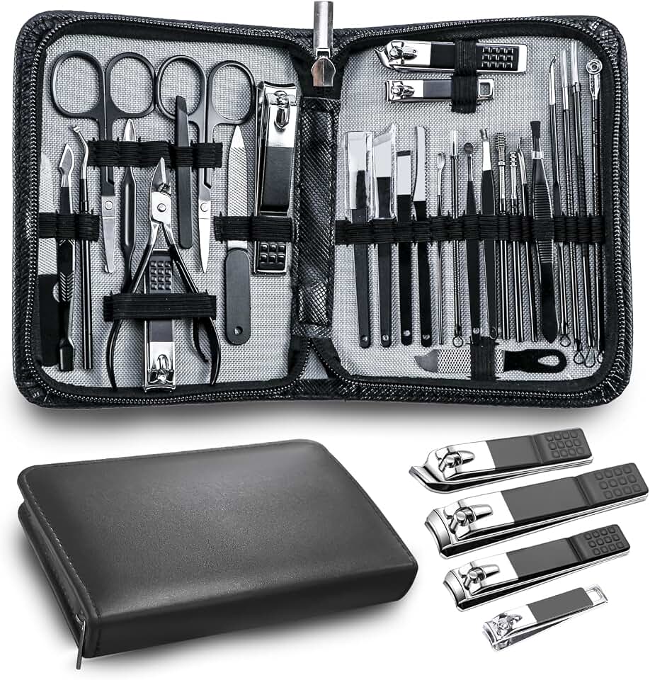 Manicure Pedicure Kit Professional 30pcs Complete Nail Care kit，fingernail and toenail Clippers and Manicure set for Men with Travel Deluxe Beauty Tools Convenience Set (Black)