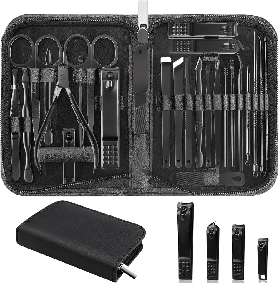 26Pcs Manicure Nail Clipper Set for Men Women Gift, Black Case | Family &amp; Travel Essential, Professional Tools, Pedicure Kit, Mens Grooming, Fully Functional, Heavy-Duty Steel