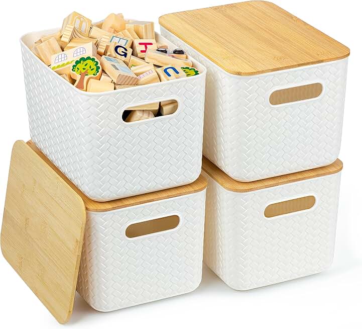 Ohmlove 4 Pack Storage Bins with Bamboo Lids,Stackable Box for Organization | Plastic Storage Containers with Handle, Storages Baskets for Organizing Desktop Closet Playroom Classroom Office, White