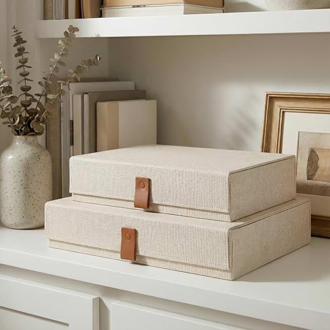 ZICOTO Decorative Photo Storage Boxes with Lids - Set of 2 Linen Organizers | Beautiful Boxes Safely Store Your Pictures, Documents, Scrapbooking Supplies, Keepsakes and Other Memories in Style