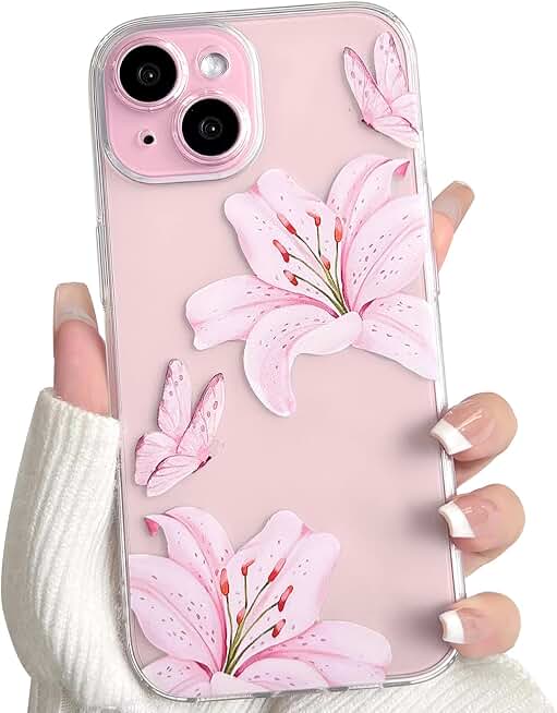 NITITOP Compatible for iPhone 15 Case Cute Clear Flower - Pink | Butterfly lily floral, for girls women, Aesthetic, Precision camera cutouts, Soft TPU, Shockproof, Slim fit