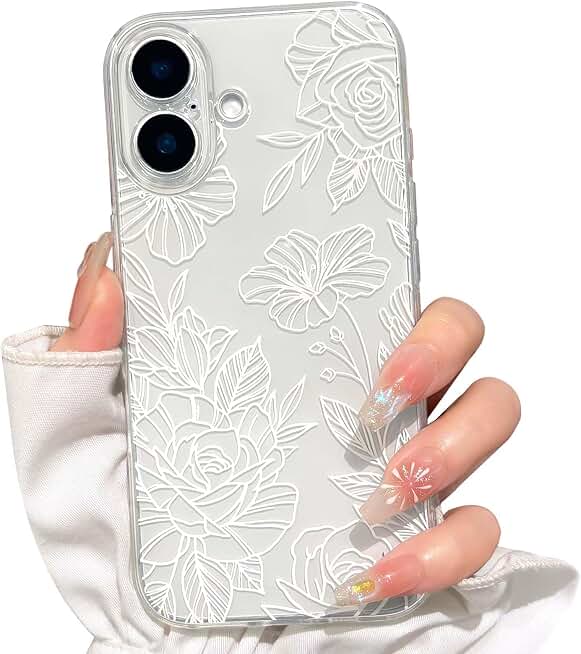 NITITOP for iPhone 16 Case Cute Clear Floral Flower - White | For girls women, Girly, Aesthetic, Soft TPU, Full camera lens, Protective, Shockproof phone cover