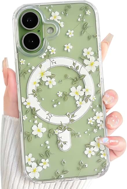 NITITOP Magnetic for iPhone 17 Case Flower Leaf - White | Cute, Compatible with MagSafe, Floral plant, For women girls, Soft TPU and Hard PC back, Shockproof protective cover