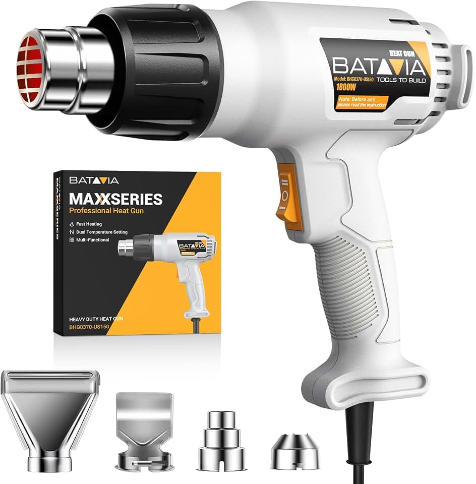 BATAVIA 1800W Heat Gun with 752℉&amp;1112℉ Dual-Temperature Settings for Crafts | Dual Protection Fuses, Heavy Duty, Fast Heating, 4 Nozzles with Overheat Protection for Crafts, Vinyl Wrap, Shrink Tubing