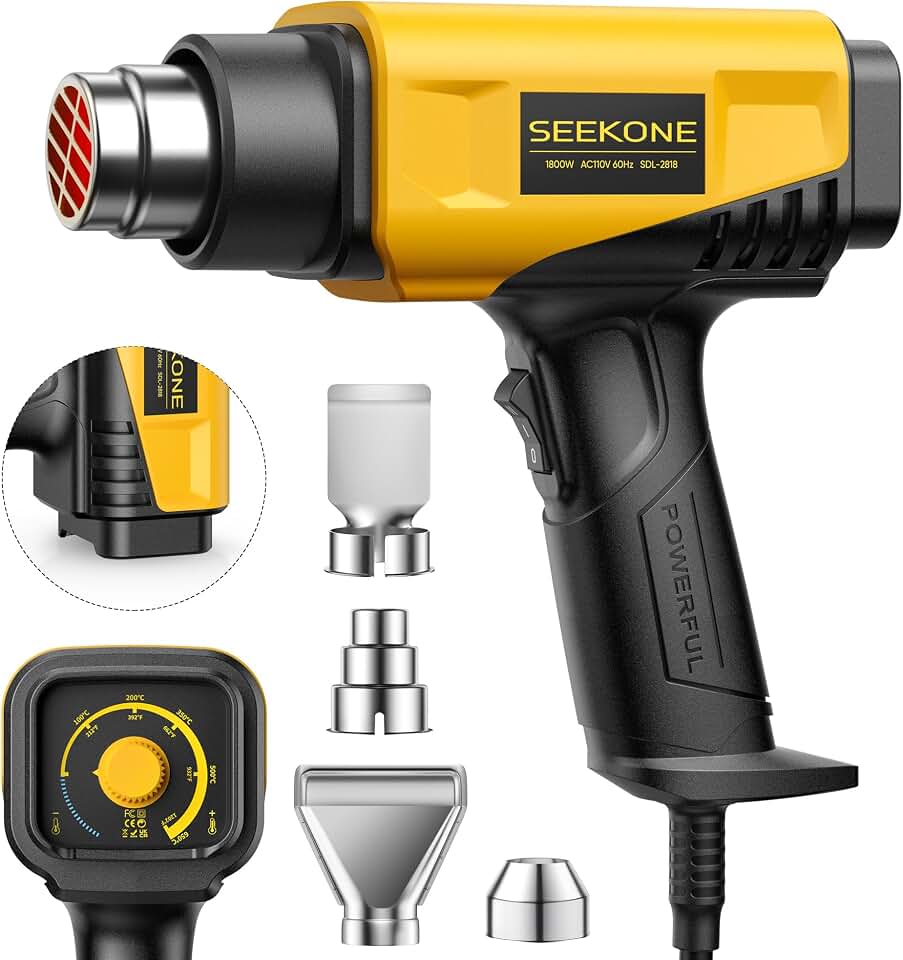 SEEKONE 1800W Compact Heat Gun 122℉-1202℉ Variable Temp for Crafting | Fast Heating 122℉-1202℉, 2-Speed Airflow, 20% Smaller Compact Design, Overheat Protection for Vinyl Wrap, Shrink Tubing