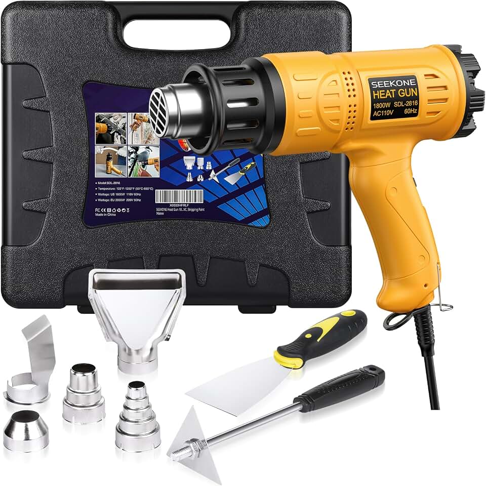 SEEKONE 1800W Heat Gun with Carry Case 122℉-1112℉ Variable Temp for Crafts | Fast Heating 122℉-1202℉, Dual airflow, Overheat Protection, 5 Nozzles for Shrink tubing, Paint Removal and 3D Printing