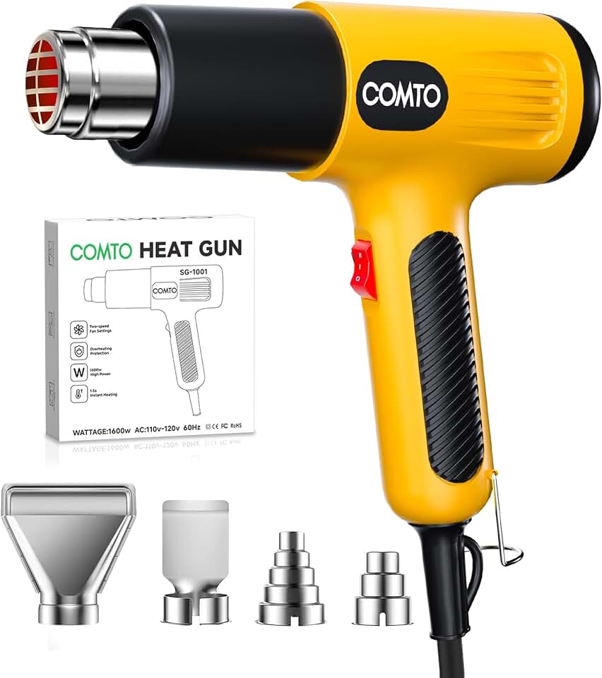 Heat Gun, 1600W Hot Air Gun with 2 Heat Settings, Yellow | 752°F/1112°F Dual Heat Control, 4 Metal Nozzles, Overheat Protection, PA66 Housing, 1.1lb Lightweight Design, Non-Slip Grip