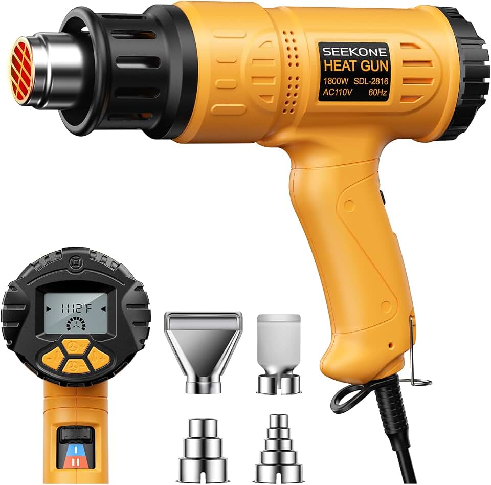SEEKONE 1800W Heat Gun with LCD Display 122°F-1112°F for Paint Removal | Precise Temperature Control, Airflow Adjustable, Power-On Memory, ℃&amp;℉ Conversion, Overheat Protection, for Crafting