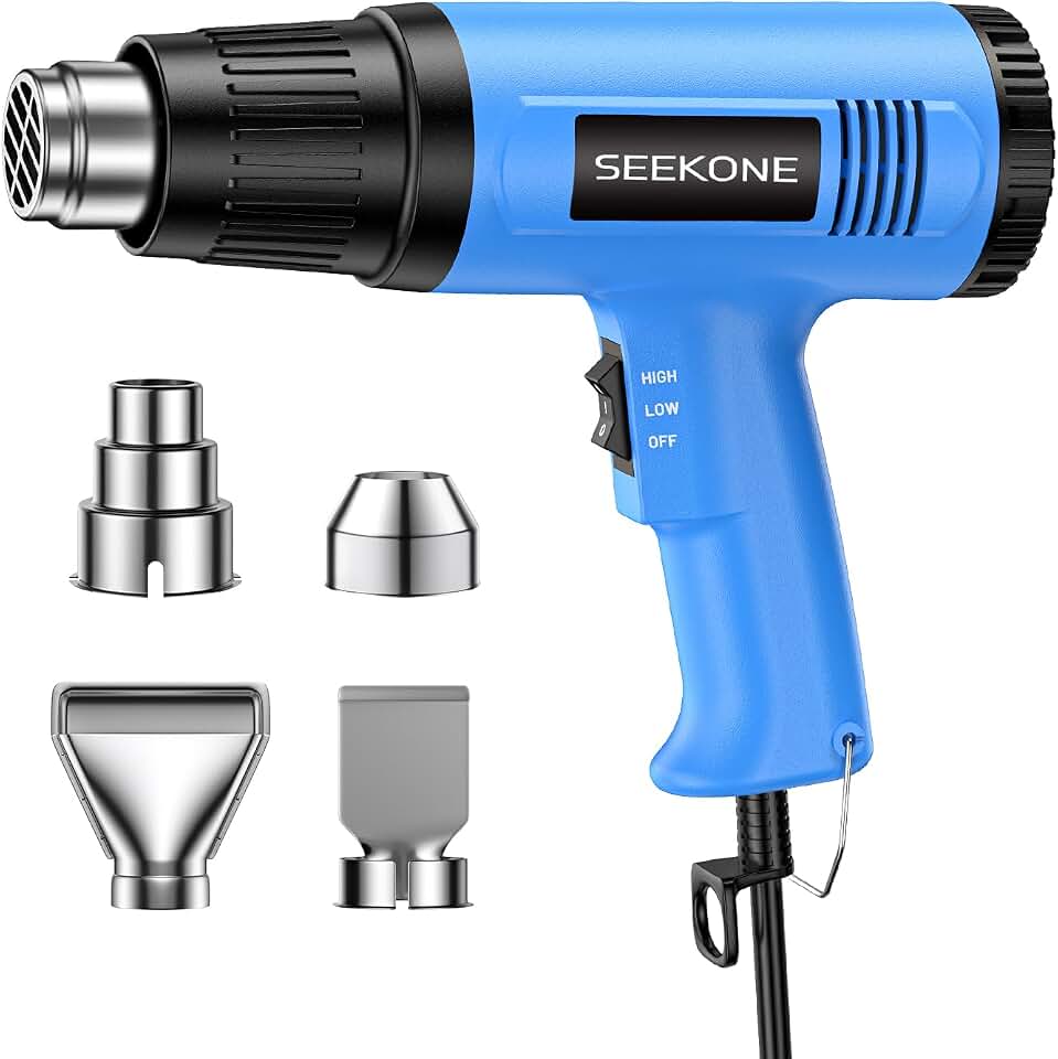 SEEKONE 1800W Heat Gun 2 Temp 572℉&amp;1112℉ Overheat Protection with 4 Nozzles | dual airflow 300/500L/min, 5.2ft cord, ABS body, foldable stand, for PVC shrink, paint stripping, crafts &amp; repair