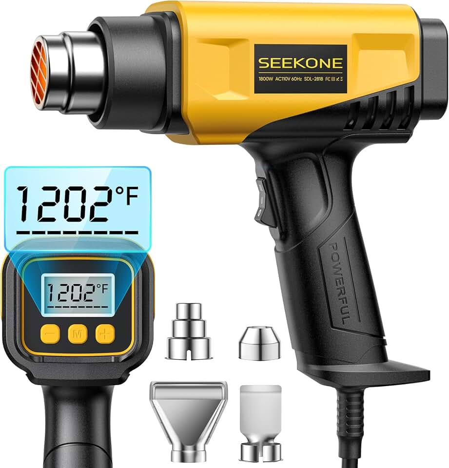 SEEKONE 1800W Compact Heat Gun with LCD Display 122℉-1202℉ for Crafting | Precise Temp Control, 2-Speed Airflow, Memory Function, ℃&amp;℉ Conversion, Overheat Protection, for Vinyl Wrap, Shrink Tubing