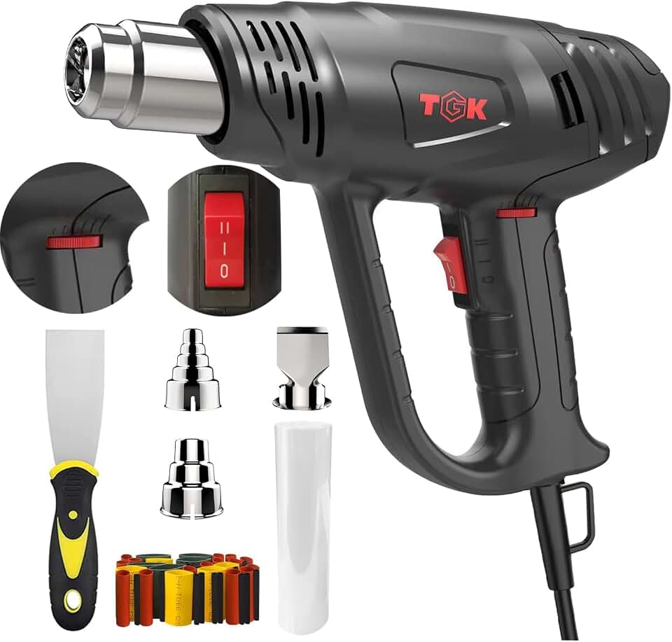 Heat Gun, TGK® 1800W Heavy Duty Hot Air Gun Kit 122℉~1202℉ Dual Temperature Settings with 3 Nozzle Attachments Overload Protection for Crafts, Shrink Wrapping/Tubing, Paint Removing, Epoxy Resin