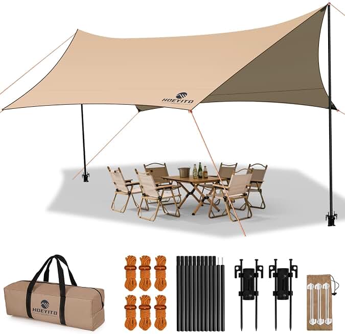 Camping Tarp with Poles &amp; Retainer, 15x12.5FT Waterproof Canopy, 210D Oxford UPF100+ UV Sunshade Shelter, Portable Car Awning for Camping, Picnic, Hammock, Backpacking, Outdoor &amp; Beach (Khaki)