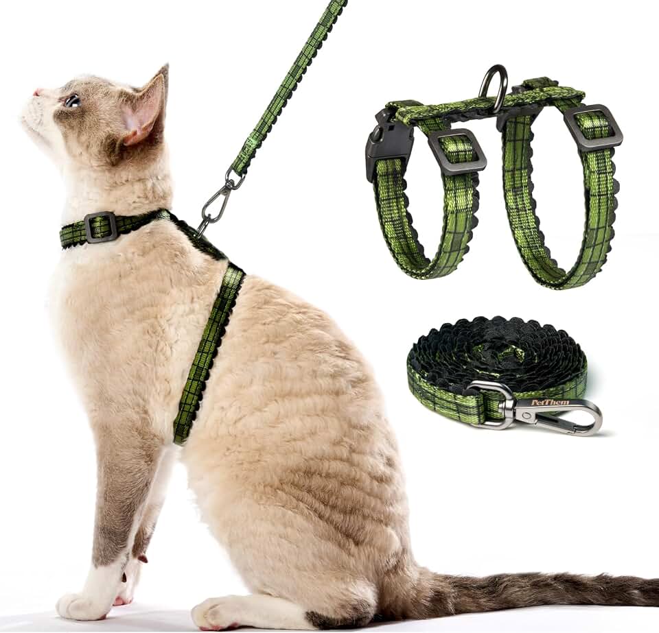 PetThem Cat Harness and Leash Set Escape Proof(Growling Crocodile) | Adjustable Comfortable Soft Lightweight, Use Safe &amp; Easy, Walking Travel Kitten Harness for Small Medium Large Cats