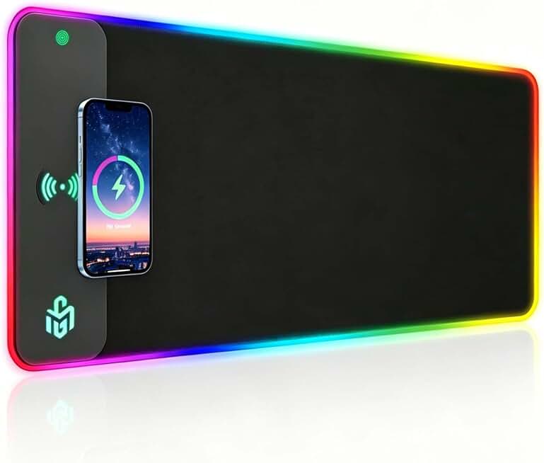 TARKARI Mouse Pad Gaming Wireless Charging, 800x300x4mm, Black | Supports wireless charging for smartphones and earbuds, features 10 RGB lighting modes. Dimensions: 31.5" L × 11.8" W.