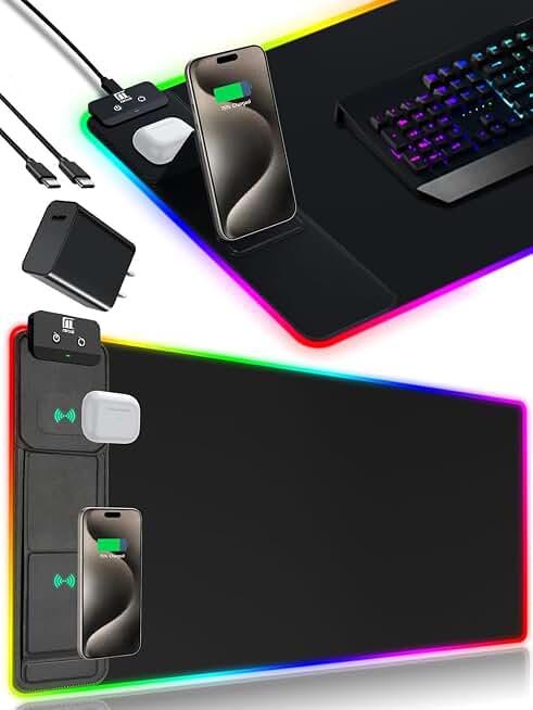 XXL Mouse Pad with Phone Holder - Black, RGB Desk Mat with 15W Fast Charging, LED Gaming Mousepad with 11 Light Colors, Waterproof Non-Slip Pad for Office &amp; Home (Black with PD Adapter)