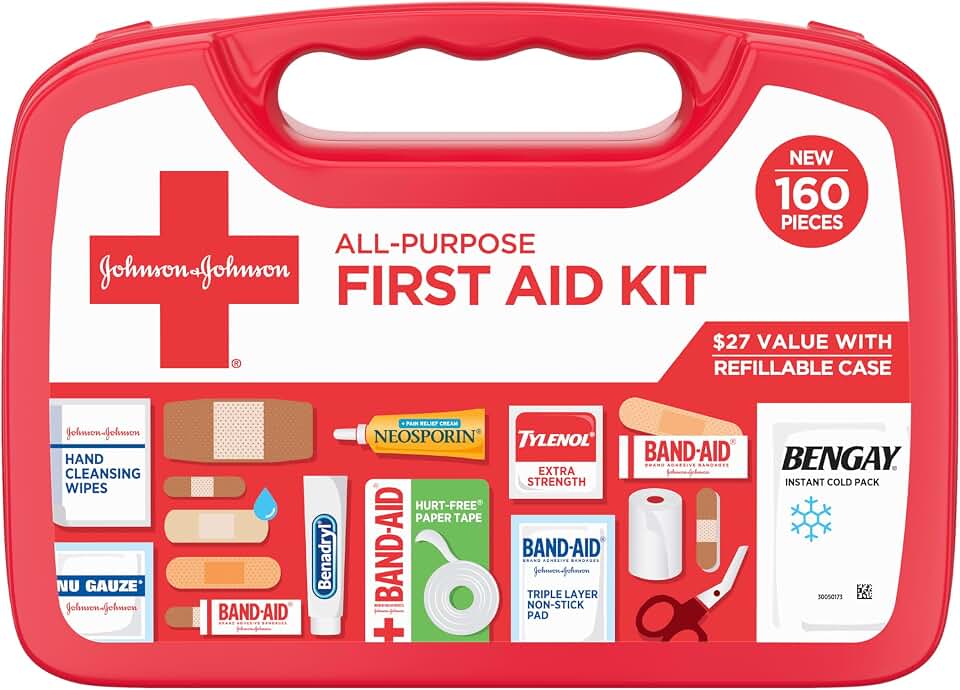 BAND-AID Brand All-Purpose Portable Compact First Aid Kit, 160 Piece | Emergency Wound Care Essentials with Adhesive Bandages, Gauze &amp; Pain Relief for Home, Car, Dorm, Camping, Cruise &amp; Travel