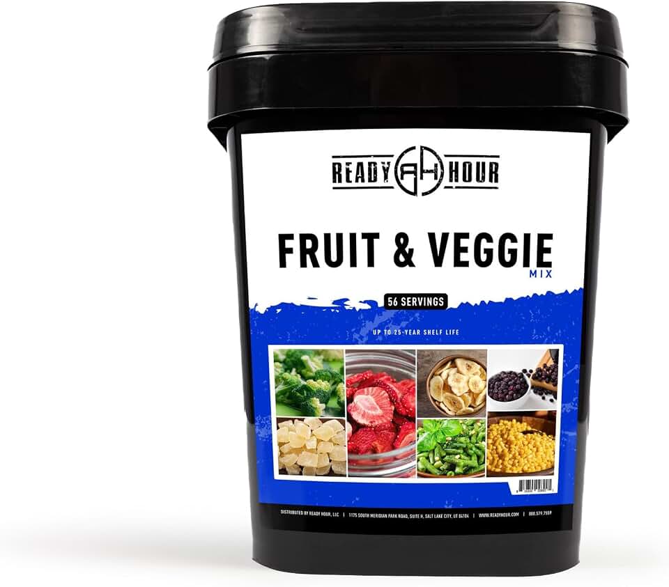 Ready Hour, Fruit &amp; Veggie Mix, Non-Perishable Freeze-Dried Food, 30-Year Shelf Life, Portable Emergency and Adventure Food Supply, Durable Flood Safe Container, 56 Servings