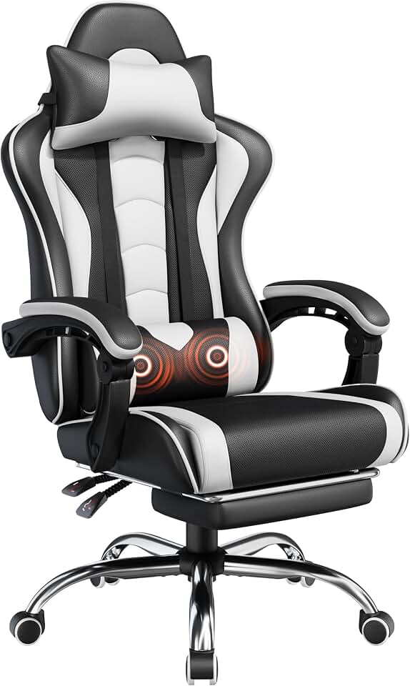 Yaheetech Gaming Chair with Footrest Massage Lumbar Pillow Black and White | Foam-padded PU leather racing seat and plush headrest recline with a slide-out footrest; metal frame supports up to 300 lb.