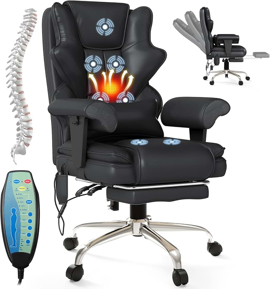 7-Point Massage Heated Executive Office Chair with Footrest, Black | Ergonomic design with adjustable armrest; ideal for office, study room &amp; gaming; practical computer desk chair for daily use
