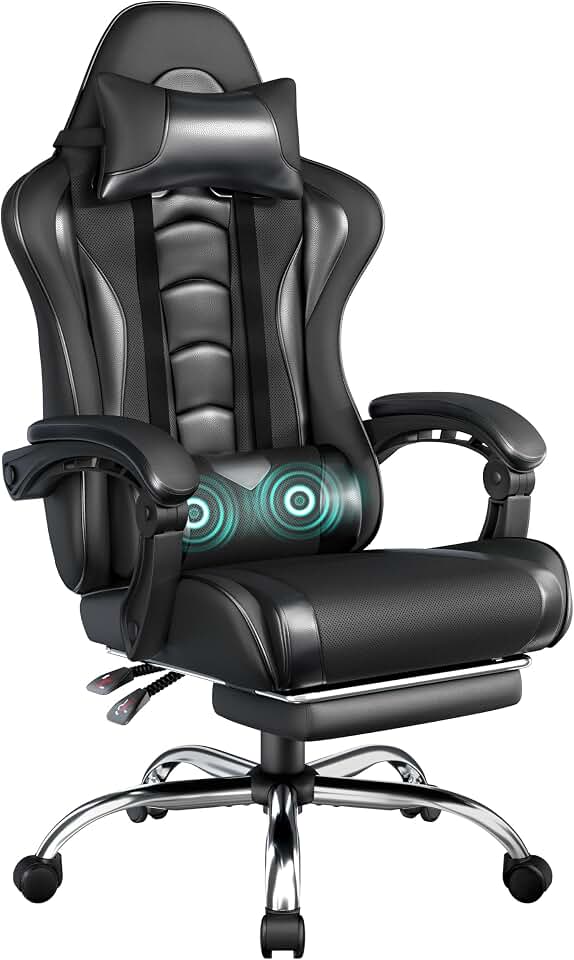 Yaheetech Gaming Chair with Footrest Massage Lumbar Pillow Reclining Black | Foam-Padded PU Leather Racing Seat and Plush Headrest Recline with a Slide-Out Footrest, Metal Frame Supports up to 300 Lbs.