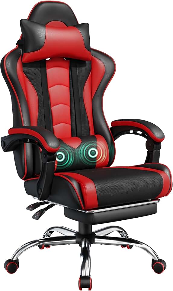 Yaheetech Gaming Chair with Footrest Massage Lumbar Pillow Black and Red | Foam-padded PU leather racing seat and plush headrest recline with a slide-out footrest; metal frame supports up to 300 lb.