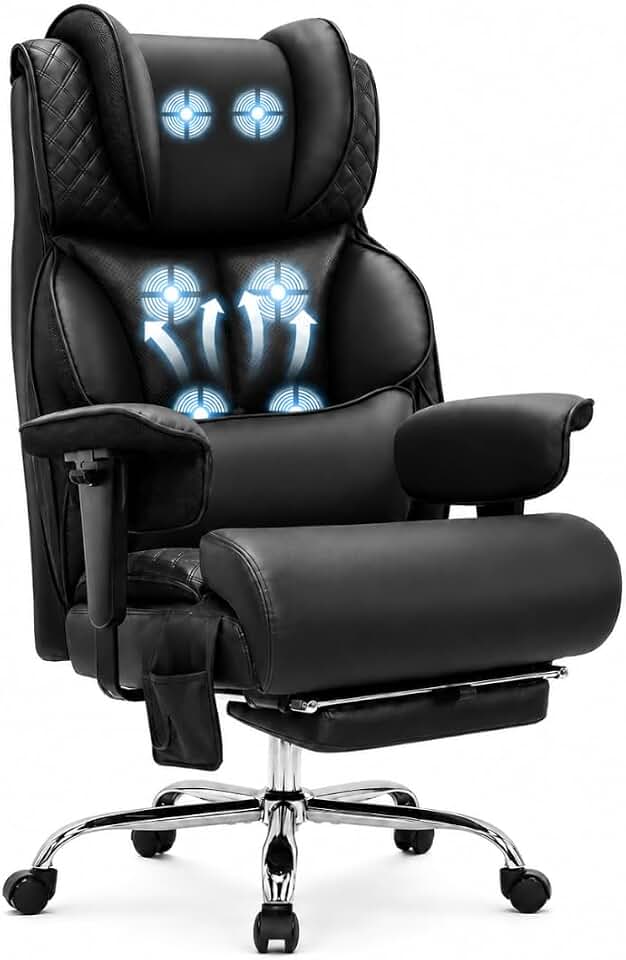 6 Points Massage Big and Tall Office Chair with Foot Rest, 500LBS Heavy Duty Desk Chair with Adjustable Lift Armrests, Ergonomic Computer Chair for Home Office, Gaming &amp; Study