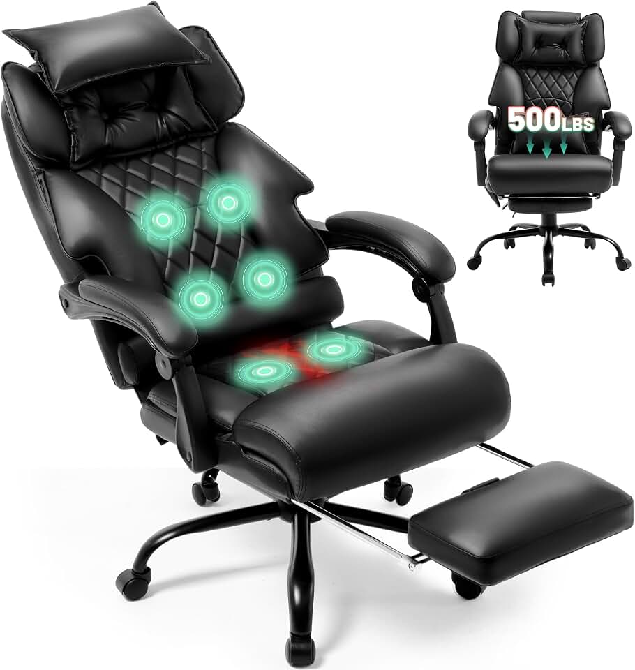 Massage Office Chair with Foot Rest,6 Points Vibration &amp; Heat Executive Office Chairs,500LBS Big and Tall Office Chair for Heavy People,Ergonomic Reclining Desk Chair,Dual-Use Pillow,Home Office,Black