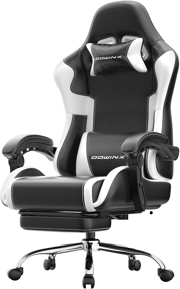 Dowinx Gaming Chair with Footrest, 330lbs Computer Chair 2D Lift Linkage Armrest, Massage Lumbar, Height Adjustable Ergonomic Comfy Video Game Chairs for Home Office Streaming, Long Gaming, White The Forest Stewardship Council