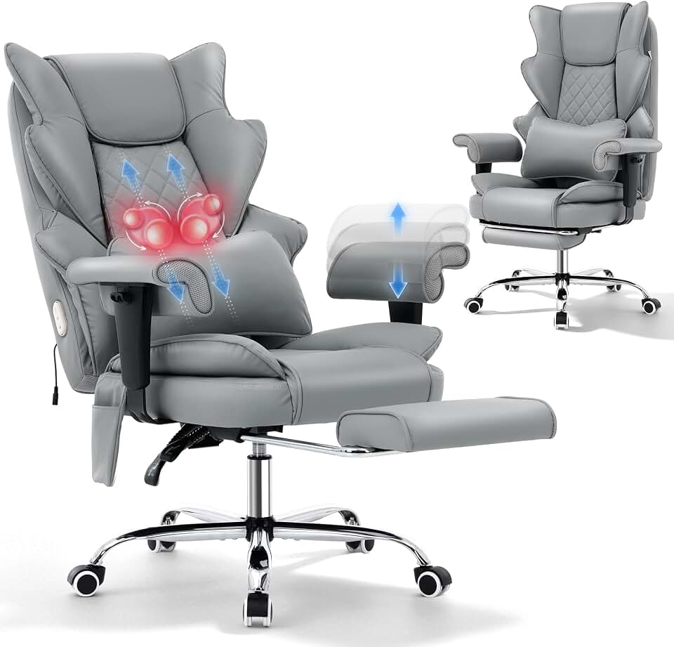 TonghuaS 3D Kneading Massage Heated Leather Office Gaming Chair, Gray | Vertical‑sliding track rollers Massage; 90‑135° reclining Executive Chair with Footrest Lumbar Pillow for Office Gaming Room