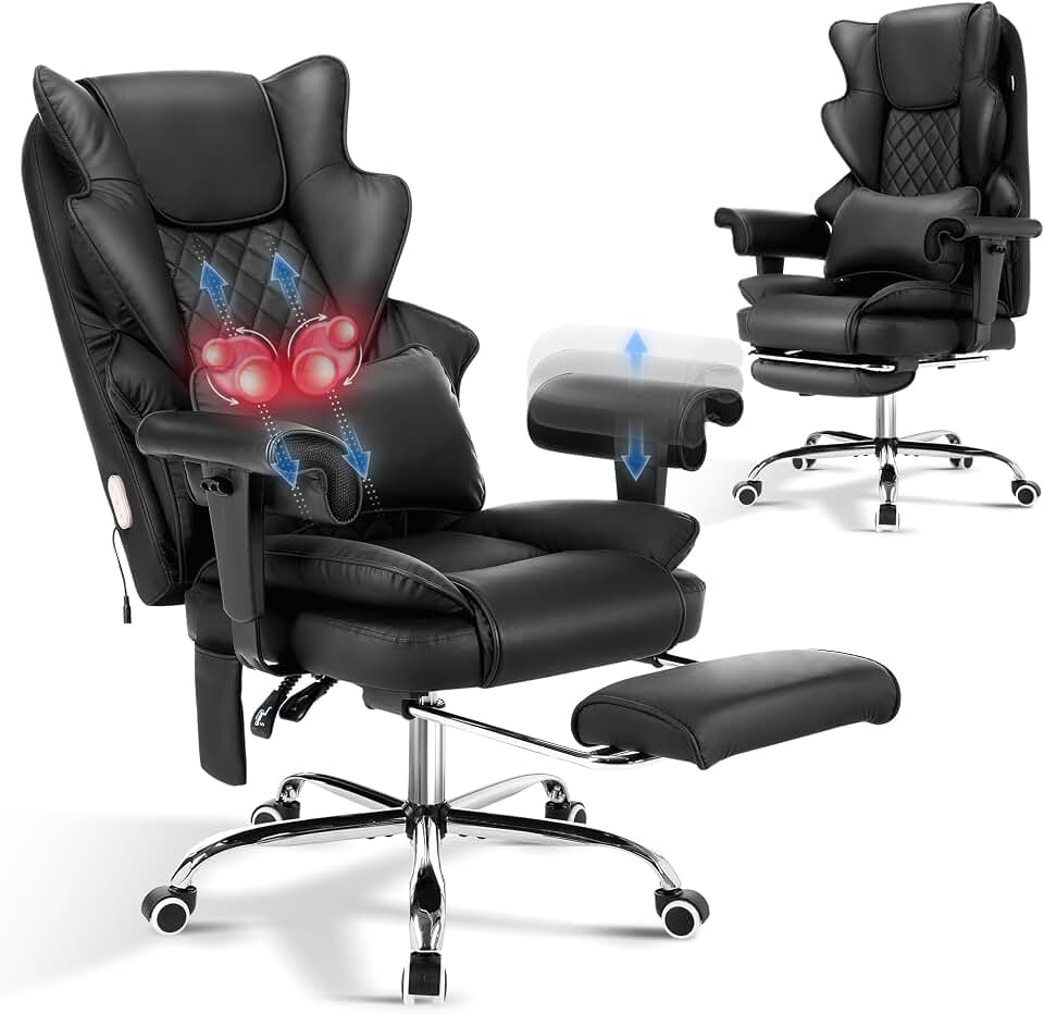TonghuaS 3D Kneading Massage Heated Office Chair with Foot Rest, 90-135° Reclining &amp; Adjustable Armrest Desk Chair with Lumbar Pillow, Ergonomic Computer Gaming Leather Chair(Black)